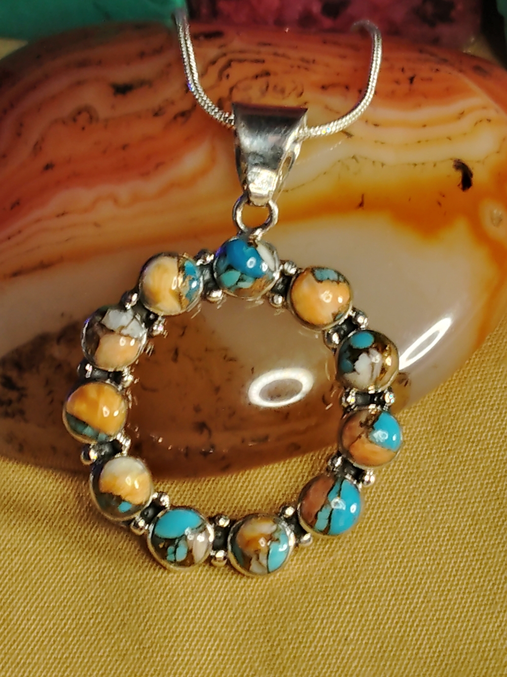 📌UNISEX MULTI ✔️MOJAVE TURQUOISE CIRCLE, SOLID STERLING SILVER. CHAIN - 16"-18"